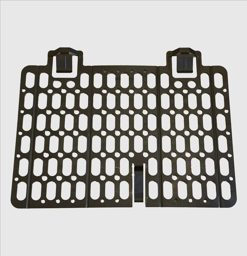 Load image into Gallery viewer, A black scaffolding brick guard mesh with a honeycomb pattern and loops at the top for attachment.
